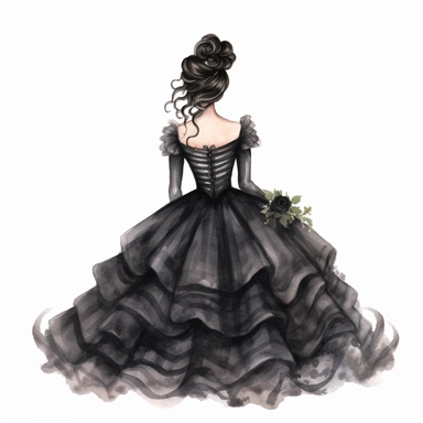 create a lady in a elegant victorian black Wedding dress clipart,black color, victorian wedding themed, no shadow,8k, f1, watercolor illustration by katie daisy style, single design, PNG transparent background, white background for removing background - - no text shadow font watermark