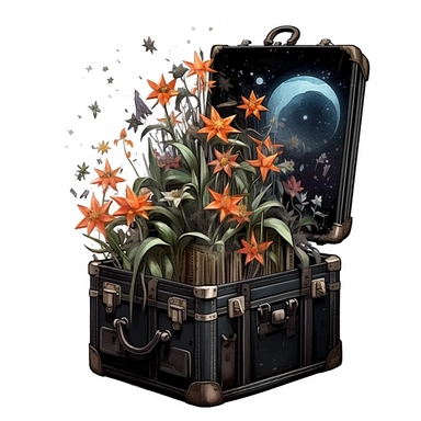 creepy magic suitcase with flowers growing out of it stars clipart, detailed, white background, illustration painting, collaged constructions, digital art, watercolor, in the style of sculptural and geometric, forced perspective drawings, Geometric brushstrokes form an intriguingly abstract, in the style of dark fantasy, creepy frightening repulsive images, frightening, painterly figure, by Pablo Picasso, by Wassily Kandinsky, by Zdzisław Beksiński