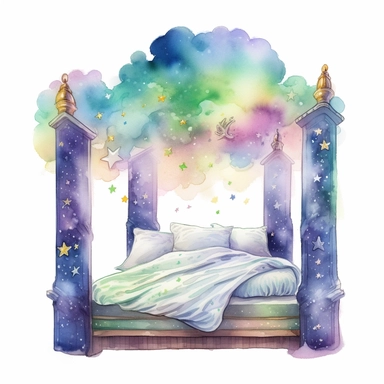 cartoon fairy bed, floating on clouds, glowing lights stars and sparkles, colors of green purple gold and blue, glamorous realistic and detailed, watercolor, white background with margins, clipart style