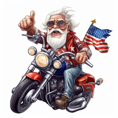 Cute Beautiful Patriot Grandpa On Motorbike clipart,Cartoon, hyper realistic, intricate detail, illustration style,high solution,on the white background