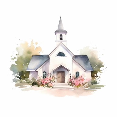 wedding venue, church, adorned with floral arrangements, watercolor clipart, realistic, bright colors, minimalist, isolated white background, 8k