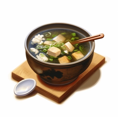 Envision a clipart of a traditional bowl of Japanese miso soup, complete with tofu chunks and floating seaweed. The steam rising from the soup adds a sense of warmth and comfort. The miso bowl's rustic charm is accentuated by the accompanying wooden soup spoon. All these details are set against a clean, white background that heightens the allure of the dish.