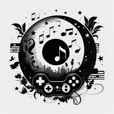 clipart representing videogame music, with a joypad in the centre. Beautiful, flat, classic style, black and white, round image borders