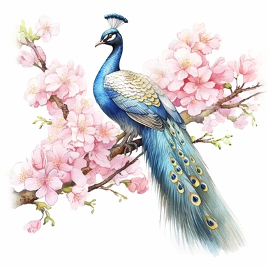 Indian Peafowl (Peacock) sits on a sakura branch on a white background, illustration in watercolor style, drawing done in professional glazing technique, expressive details, realistic drawing technique, saturated colors, harmony with nature, pronounced contours, clipart, a masterpiece, white background