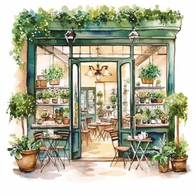 photo realistic clipart watercolor illustration style of cute french cafe interior with open doors clipart, floral glowing plants clipart, delicious pastry, illustration style, green, 8k trending in etsy, super bright vivid, svg, white background, art nouveau art style, ink contour