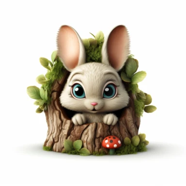 adorable bunny with bright eyes, with cute paw pads and a curious expression. peeking out from a cozy hollow in a tree trunk, surrounded by moss, mushrooms, butterflies flying around, Fairytale Cartoon Art Style, Full Body Image and Appearance, 3D-Designed Character, in style of clipart with no background