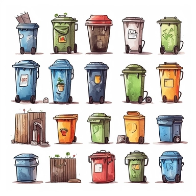 watercolor, Waste collection, segregation and recycling infographic: garbage separated into different types and collected into waste containers, each bin holds a different material png Full body realistic cartoon in 32K UHD cute. 15 cm thick outline. Black color. There was no shadow on the ground. 8k with realistic watercolors and detailed illustrations. PNG clipart, transparent white background