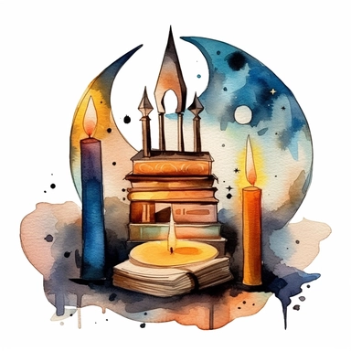 creepy magic book and candle crescent moon clipart, detailed, white background, illustration painting, collaged constructions, digital art, watercolor, in the style of sculptural and geometric, forced perspective drawings, Geometric brushstrokes form an intriguingly abstract, painterly figure, Pablo Picasso, Wassily Kandinsky,