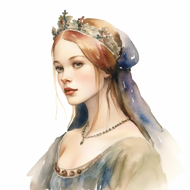 Imagine a watercolor clipart that captures the charm and elegance of a medieval young lady of high nobility. In this prompt, the view will be a side view, emphasizing her facial features and upper body. The young lady will be adorned in a beautifully crafted gown that signifies her noble status. The watercolor medium will bring out the rich textures and intricate details of the fabric, highlighting its opulence. The colors chosen will reflect the period, such as deep blues, rich purples, or eart