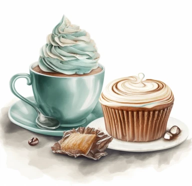 watercolor clipart coffee, cake and cupcake, by jenny jagger, in the style of light teal and gray, realistic, detailed rendering, soft color blending, jan van goyen, monochromatic palette, embroidery, gustave van de woestijne