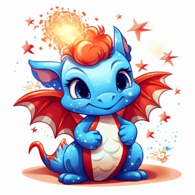 illustration of cute baby dragon in red white and blue american flag colors, fireworks, 4th of july, clipart svg, white background