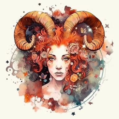 A stunning clipart illustration in a realistic colorful portrait style awaits, featuring the zodiac sign Aries, space and stars background. Against a mesmerizing backdrop of space and stars, the fiery Aries symbol takes center stage. Infused with flowerpunk inspiration and rendered in vibrant watercolor hues, this artwork captures the passionate and dynamic nature of Aries with an artistic flourish