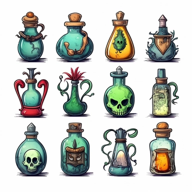 Witches inventory, flasks, illustrated clipart, minimalist, isolated white background, 8k
