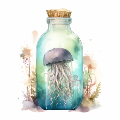 a glass bottle with a cute jellyfish in it, underwater scenery, watercolour pencil style, magical, kids art, isolated on a white background, PNG file clipart style, Dennis Wojtkiewicz, Amanda Clark, Lowell Herrero,