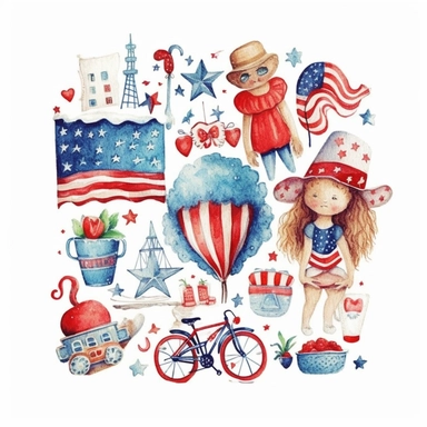 watercolor illustration, cute 1st of July clipart, detailed doodle, white background, doodle clipart USA , highest resolution