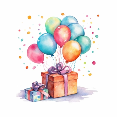 Birthday illustration clip art, holiday graphics collection, party background, watercolor colorful balloons and confetti illustration, carnival greeting graphics, gift box isolated, candies watercolor