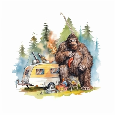 watercolor illustration of Bigfoot camping outdoors, colorful, for t-shirt, clip art, graphic