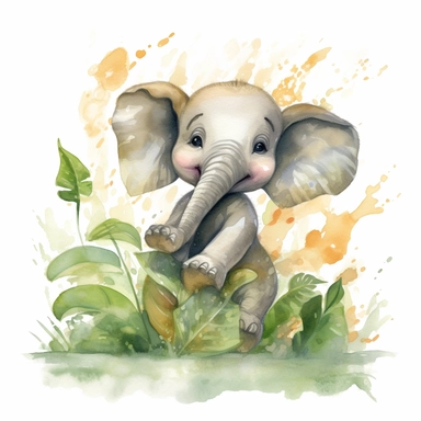 a whimsical watercolor clipart image with a jungle-themed background and earthy colors, featuring a baby elephant spraying water from its trunk with a gleeful expression, its playful nature and boundless energy bringing smiles to everyone who sees it.