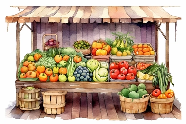 colorful vibrant fruit and vegetable stand watercolor clipart