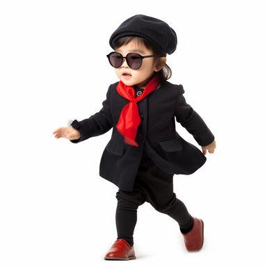 Singer Yoko Ono as a 2 year old toddler, wearing a classic black satin chanel dress, red shoes, red velvet bowler hat, gold silk scarf, dancing, irradiant facial expression, plain white background, clipart