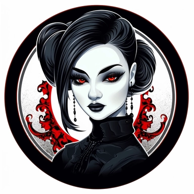 Design a clipart featuring a goth woman with luminous eyes. Make the image visually striking by incorporating bold and vivid colors, while maintaining excellent clarity and detail. The background should be pure white