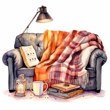 Reading Cozy, couch, cushion, teacup, scarf, blanket, lamp, candle, clipart on a white background, an illustration of by Annabel Kidston, shutterstock contest winner, generative art, detailed painting, digital illustration, intricate in details, photoillustration isolated on white background, digital watercolor , style by Lucy Fleming, watercolor, smooth gradients, black contour outline, ultra detailed, clipart elements, delicate pastel colors, solid white background, super clear, high quality