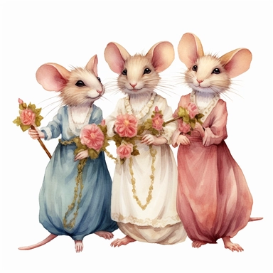clipart of a mice bridesmaids in white dress, by martha morrison 0 12, in the style of fantasy characters, beatrix potter, magali villeneuve, playful character design, colorful costumes, clipart, white background, svg graphics