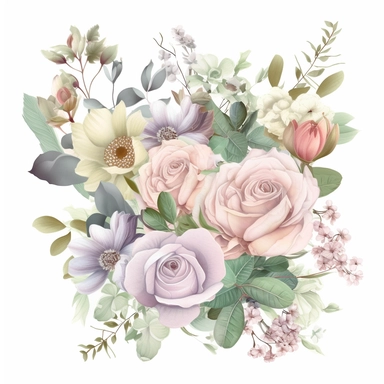 detailed floral clipart featuring an assortment of soft pastel flowers and soft green foliage arranged in an elegant bouquet, wedding style, on a white background, the composition should highlight the delicate petals, intricate patterns, and unique shapes of the individual flowers. Capture the essence of a flourishing garden with a harmonious blend of colors and a variety of floral elements, including roses, tulips, daisies, and wildflowers. Present the clipart on a transparent background, allow