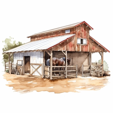 realistic watercolor drawing of a horse stable in California, on a white background where the background will be removed to repurpose as a clipart.