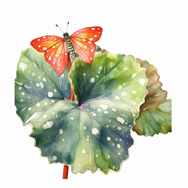Clipart, Watercolor, Polka Dot Begonia's Illustration, botanical, Plantae, Tracheophytes Raddi, a tropical plant native to southeast Brazil. It has green oblong leaves in shaped of angel wing, in a vibrant olive green color, deep red purple undersides of leaves and polka dot finishes on top. It has silvery spattered dots on its surface and the undersides of leaves are red-purple
