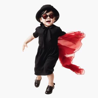 Singer Yoko Ono as a 2 year old toddler, wearing a classic black satin chanel dress, red shoes, red velvet bowler hat, gold silk scarf, dancing, irradiant facial expression, plain white background, clipart