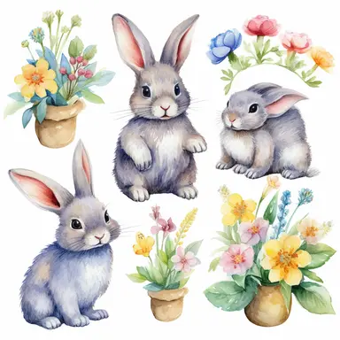 An endearing and captivating set of watercolor bunny floral clipart, consisting of an assortment of hand-painted bunnies nestled among a diverse array of colorful flowers and leaves. The artist demonstrates their mastery of the watercolor medium by depicting the bunnies' cute features, soft fur, and expressive eyes with intricate detail and fluidity. The clipart collection features an array of stunning blooms, including peonies, sunflowers, and wildflowers, that evoke a sense of serenity and nat