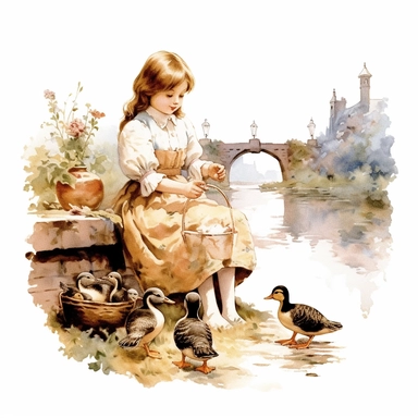 victorian vintage adorable little girl feeding ducks with baquette, full body, pastel beige colors, clipart style, watercolor technique, super high quality, professional watercolor clipart, high resolution