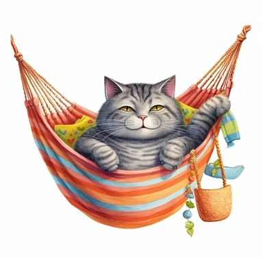 Axel scheffler illustration style cat in a hammock, high definition, 16k, insanely detailed, fine detail, sharp focus, illustration, white background, isolated clipart vector
