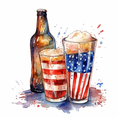 Fireworks, shades of American flag, patriotic, beers, celebration, aquarelle, clip art illustartion