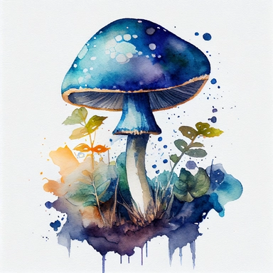 Watercolour Magic Mystical not poisonous friendly one Mushroom with thick stem, no scales on the cap, clipart dark blue. Growing from the Ground. no other mushrooms. some green plants and leaves around without inclusions or dots or circles and also growing from the ground. No things hanging in the air. white background