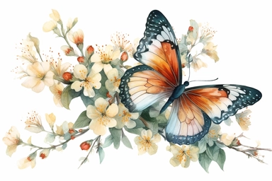 Watercolor, Generate an image of a Dainty Sulphur butterfly feeding on a cluster of blooming flowers, clipart, hd, on a white background, spaced out