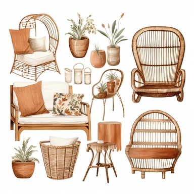 beautiful boho furniture, neutral tones, watercolor clipart, solid white background, hard edges, smooth