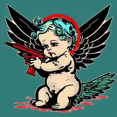 pop art baby sweat angel with machine gun K 112 drawing clipart animation realistic comic modern art