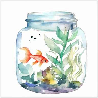 Watercolor fish tank clipart, white isolated background, space out, hd