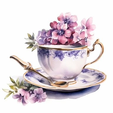 vintage floral tea cup and pot watercolor clipart, white background
