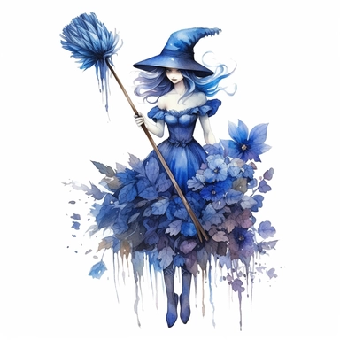 Single, Watercolor, broom, blue flower witch, fantasy, clip art, detailed, full body shot, white background