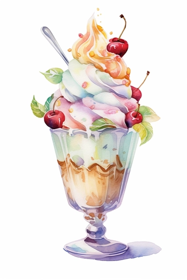 picturesque, a bright almond sundae, clipart on white background, watercolor style, spring vibes, detailing in pastel colors, high quality, painted by Beatrix Potter, 8k