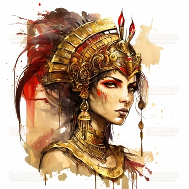 water color steampunk golden red Queen Cleopatra VII in ancient egypt clipart, hd, white background ar 3:2