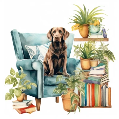 A boho style dog at library corner with watercolor effect, boho furniture, details, boho colors, suitable for digital clipart, white background, boho style green plants, on the white background, hd