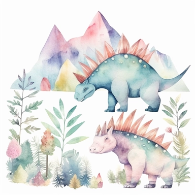 friendly, fluffy watercolor dinosaurs clipart, pastel colors, in the mountains, forest, separated, seamless, transparent background--AR 3:2