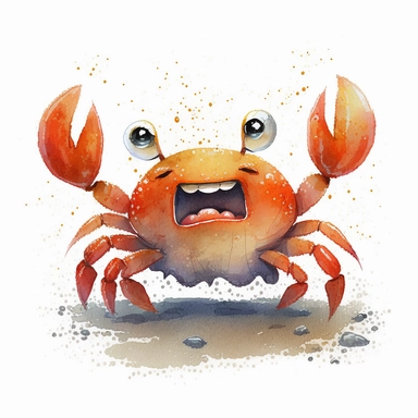 watercolor illustration happy crab, cartoon style, white background, clipart