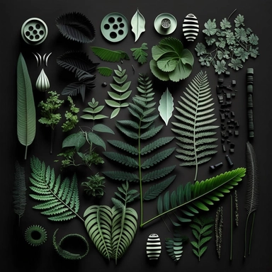 many types of fiddle ferns , in a Knolling clipart layout, tones, space between the images,materials, Deconstruction, Highly detailed, Depth