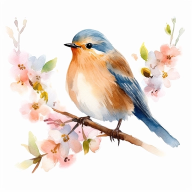 Watercolor Bird Clipart, Spring Bird, Colorful Bird, Bird On Branch, Cute bird PNG, white background. no text, no caption