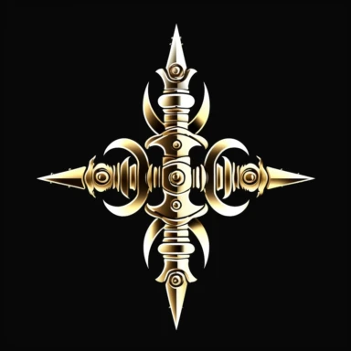 abstract logo of a Hindu weapon in black and white in clipart style